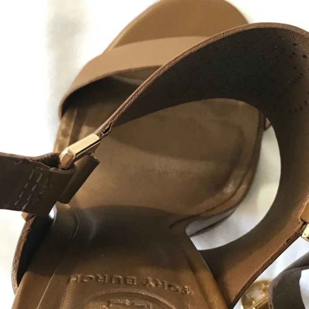 Tory Burch Tan Leather High Heel Sandals with Gold Accents